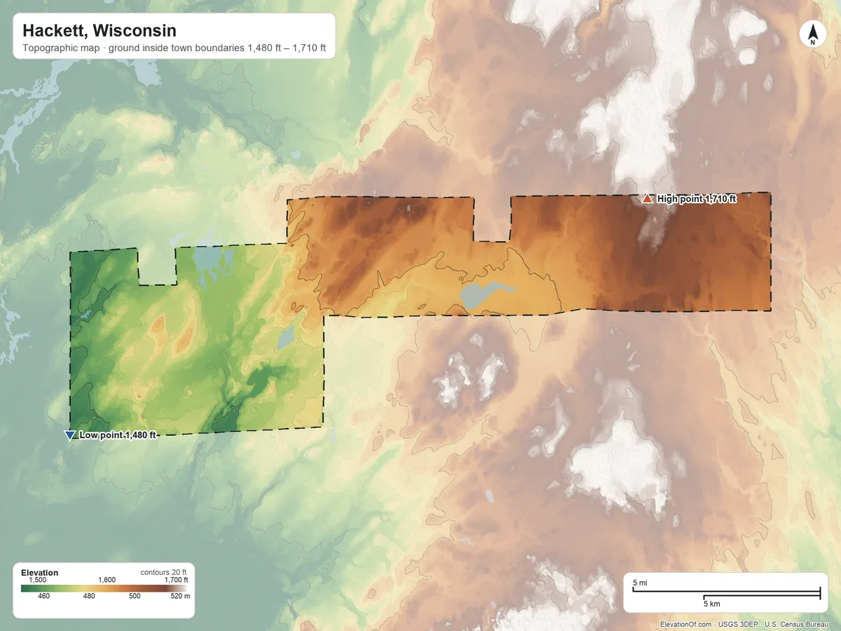 Topographic elevation map of Hackett, Wisconsin, shaded from 1,480 ft on the southwest side to 1,710 ft on the east side