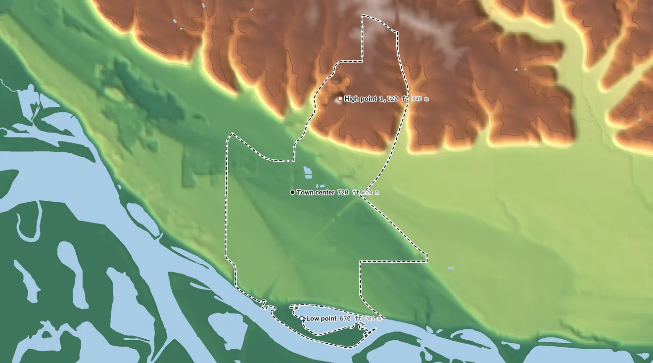 Topographic elevation map of Hager City, Wisconsin, shaded from 670 ft on the south side to 1,120 ft on the northeast side