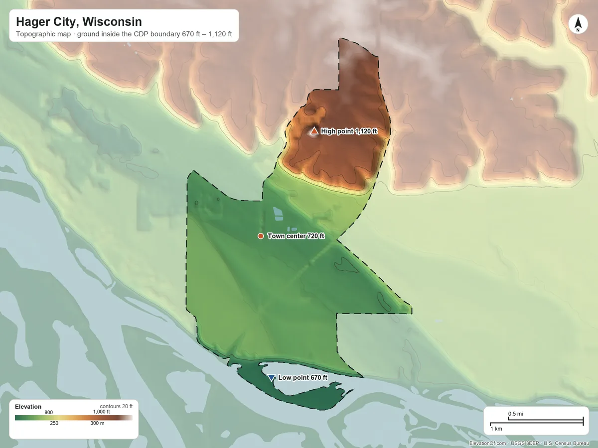 Topographic elevation map of Hager City, Wisconsin, shaded from 670 ft on the south side to 1,120 ft on the northeast side
