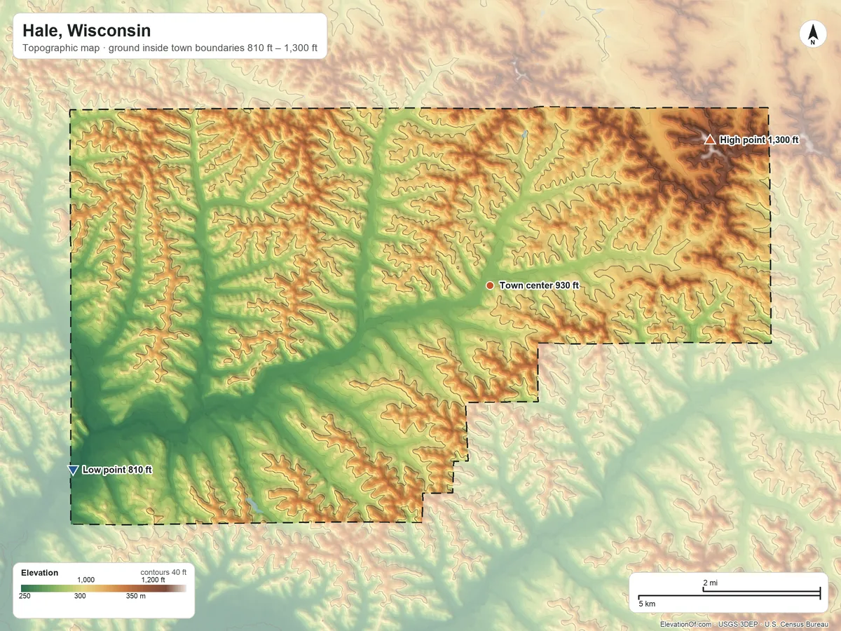 Topographic elevation map of Hale, Wisconsin, shaded from 810 ft on the southwest side to 1,300 ft on the northeast side