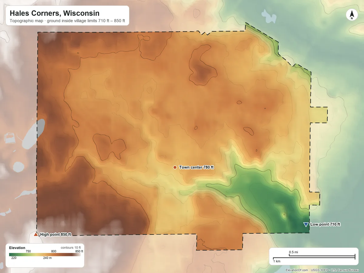 Topographic elevation map of Hales Corners, Wisconsin, shaded from 710 ft on the southeast side to 850 ft on the southwest side
