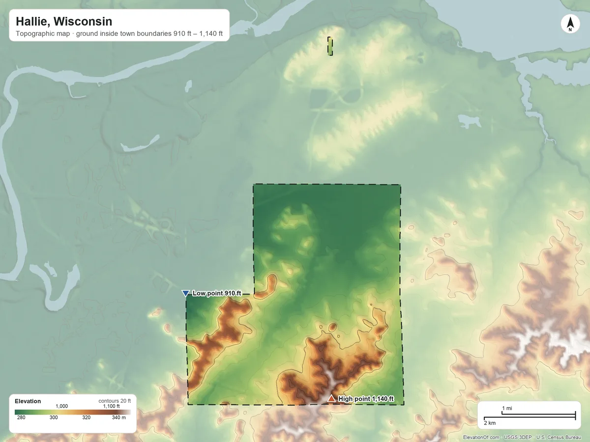 Topographic elevation map of Hallie, Wisconsin, shaded from 910 ft on the west side to 1,140 ft on the south side