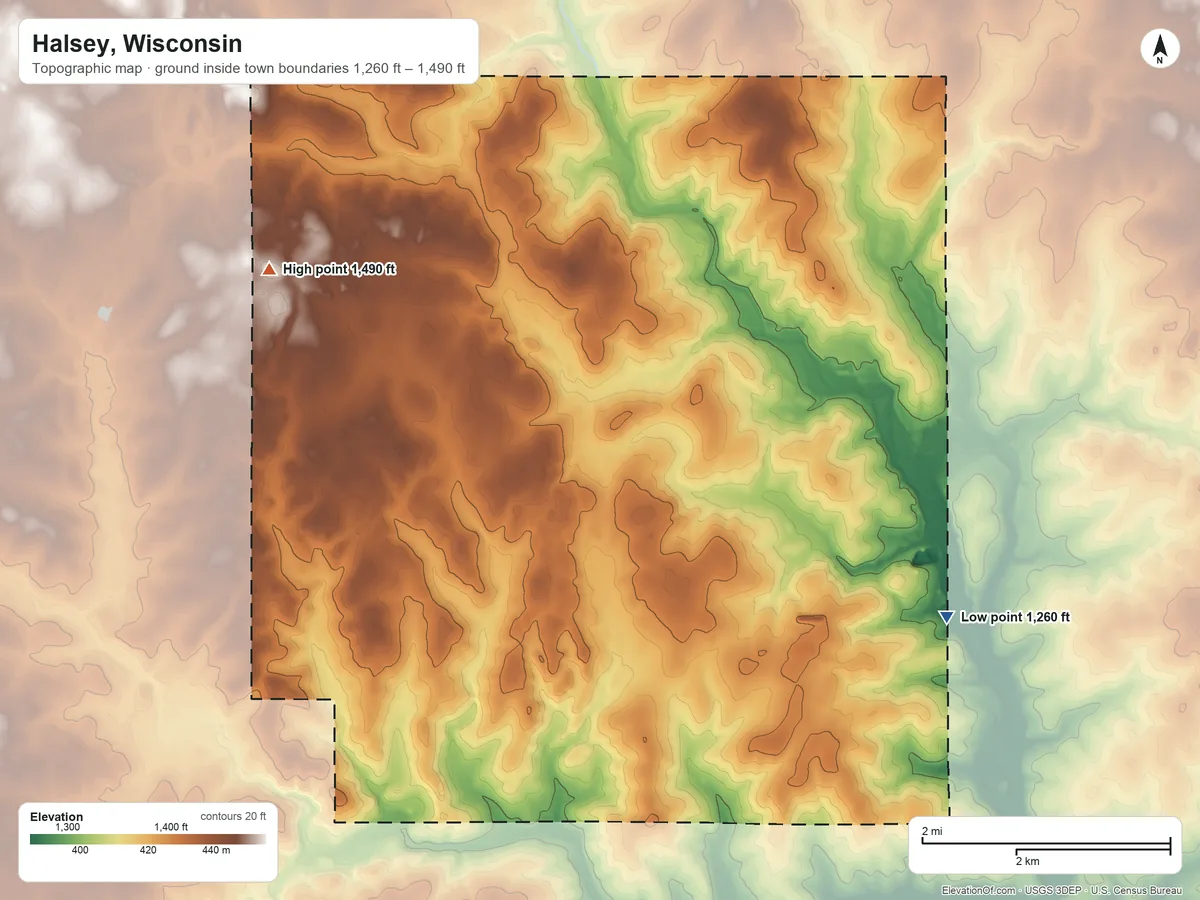 Topographic elevation map of Halsey, Wisconsin, shaded from 1,260 ft on the east side to 1,490 ft on the northwest side