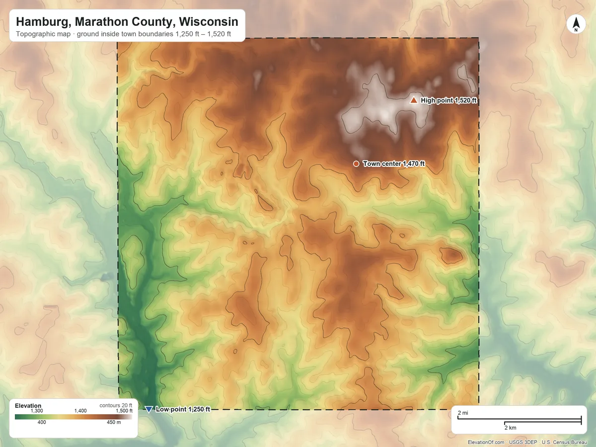 Topographic elevation map of Hamburg, Marathon County, Wisconsin, shaded from 1,250 ft on the southwest side to 1,520 ft on the northeast side