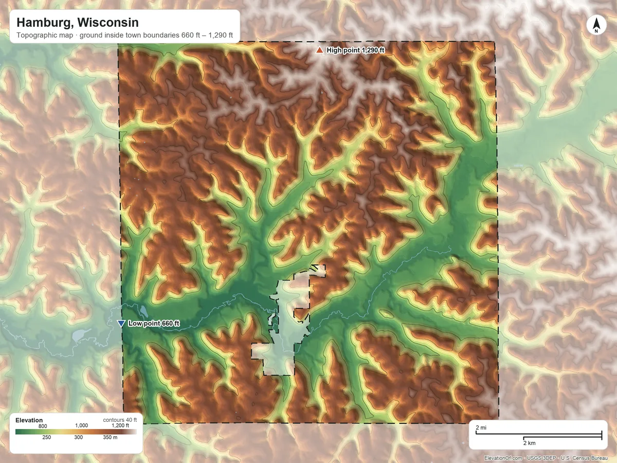 Topographic elevation map of Hamburg, Wisconsin, shaded from 660 ft on the southwest side to 1,290 ft on the north side