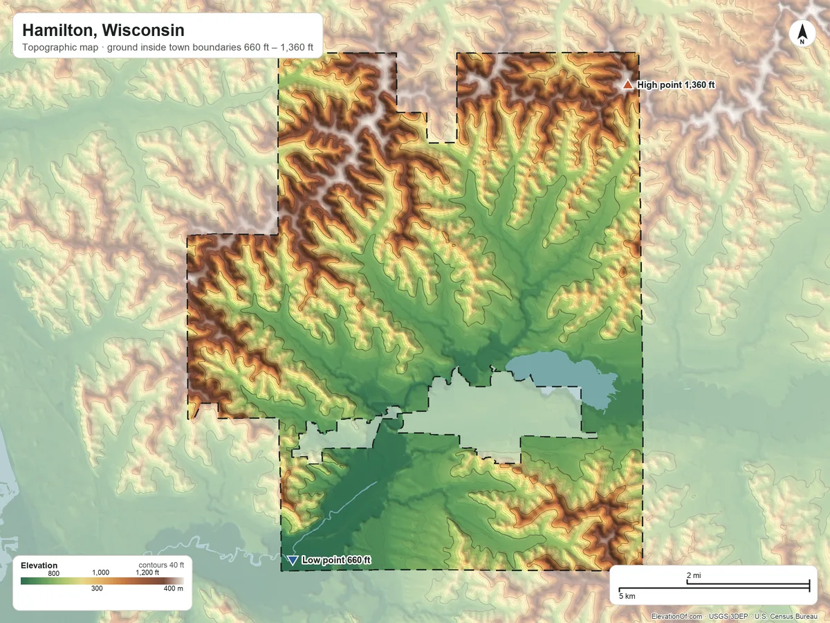 Topographic elevation map of Hamilton, Wisconsin, shaded from 660 ft on the southwest side to 1,360 ft on Krueger Hill