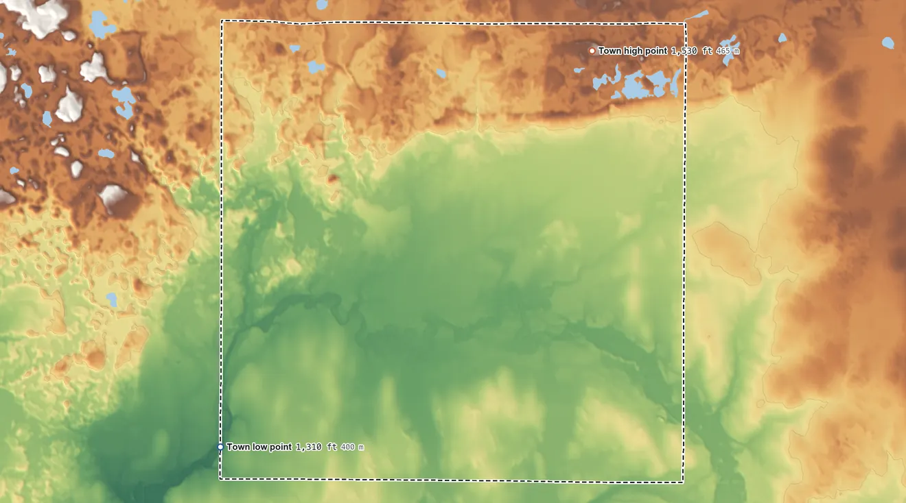 Topographic elevation map of Hammel, Wisconsin, shaded from 1,310 ft on the southwest side to 1,530 ft on the northeast side