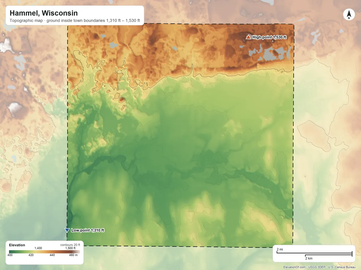 Topographic elevation map of Hammel, Wisconsin, shaded from 1,310 ft on the southwest side to 1,530 ft on the northeast side