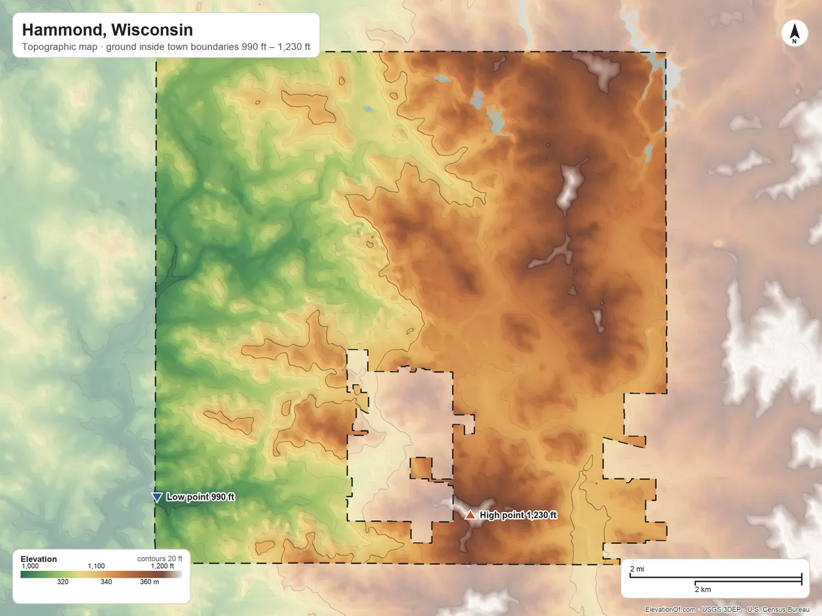Topographic elevation map of Hammond, Wisconsin, shaded from 990 ft on the southwest side to 1,230 ft on the southeast side