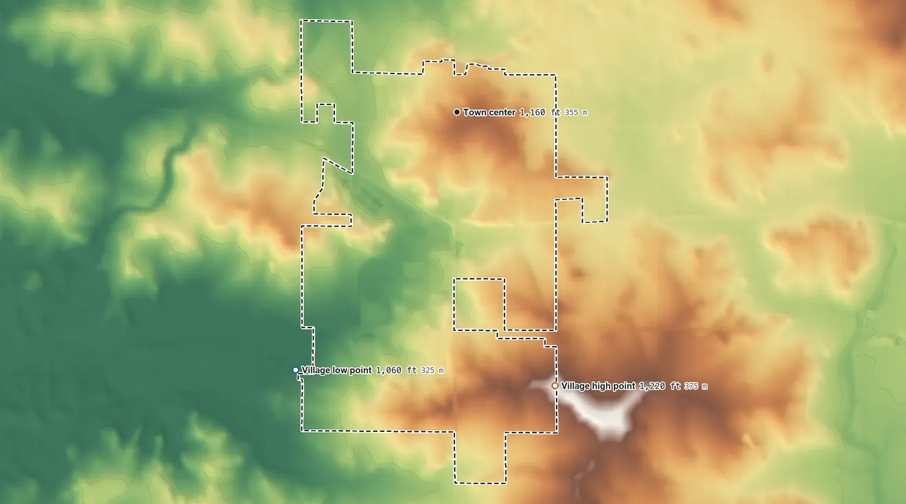 Topographic elevation map of Village of Hammond, Wisconsin, shaded from 1,060 ft on the southwest side to 1,220 ft on the south side