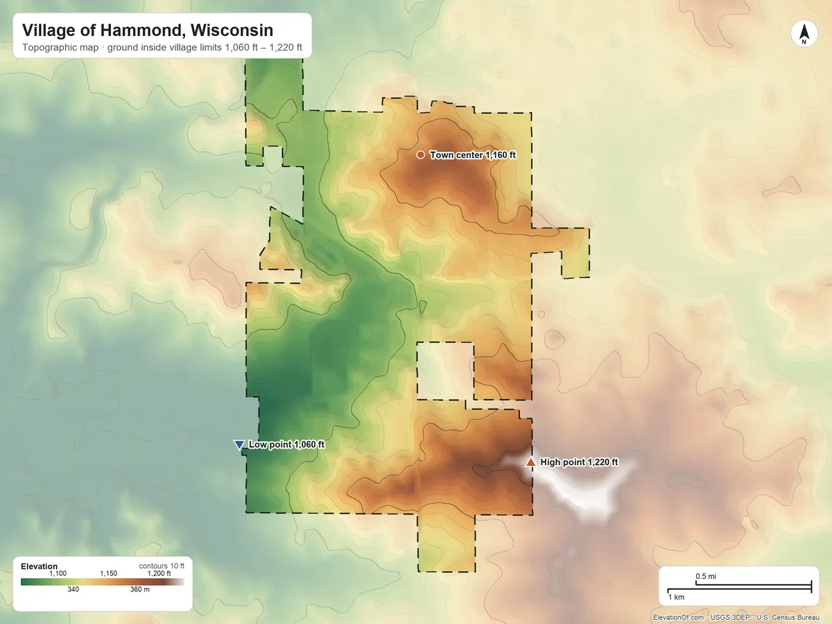 Topographic elevation map of Village of Hammond, Wisconsin, shaded from 1,060 ft on the southwest side to 1,220 ft on the south side
