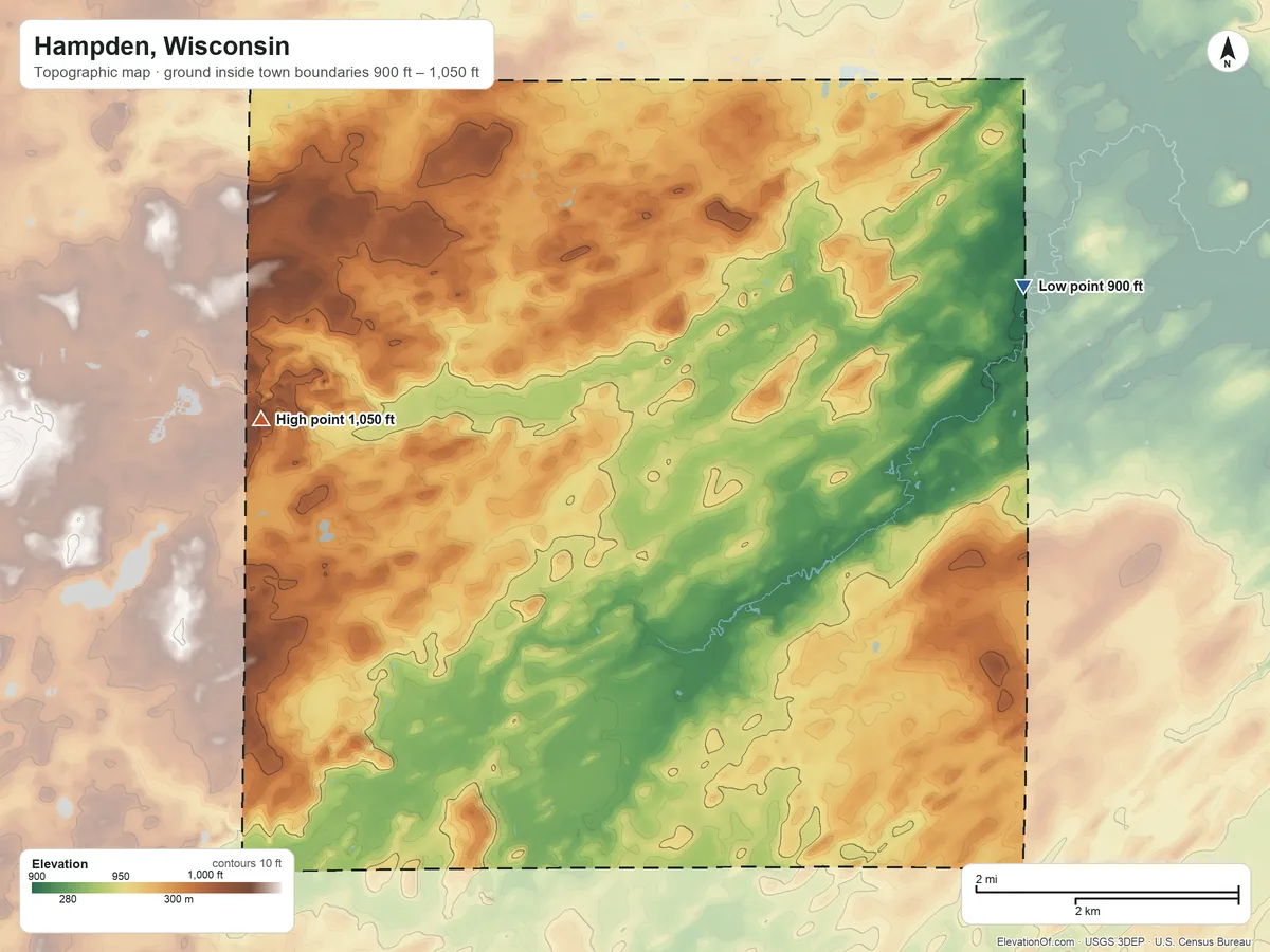Topographic elevation map of Hampden, Wisconsin, shaded from 900 ft on the northeast side to 1,050 ft on the west side