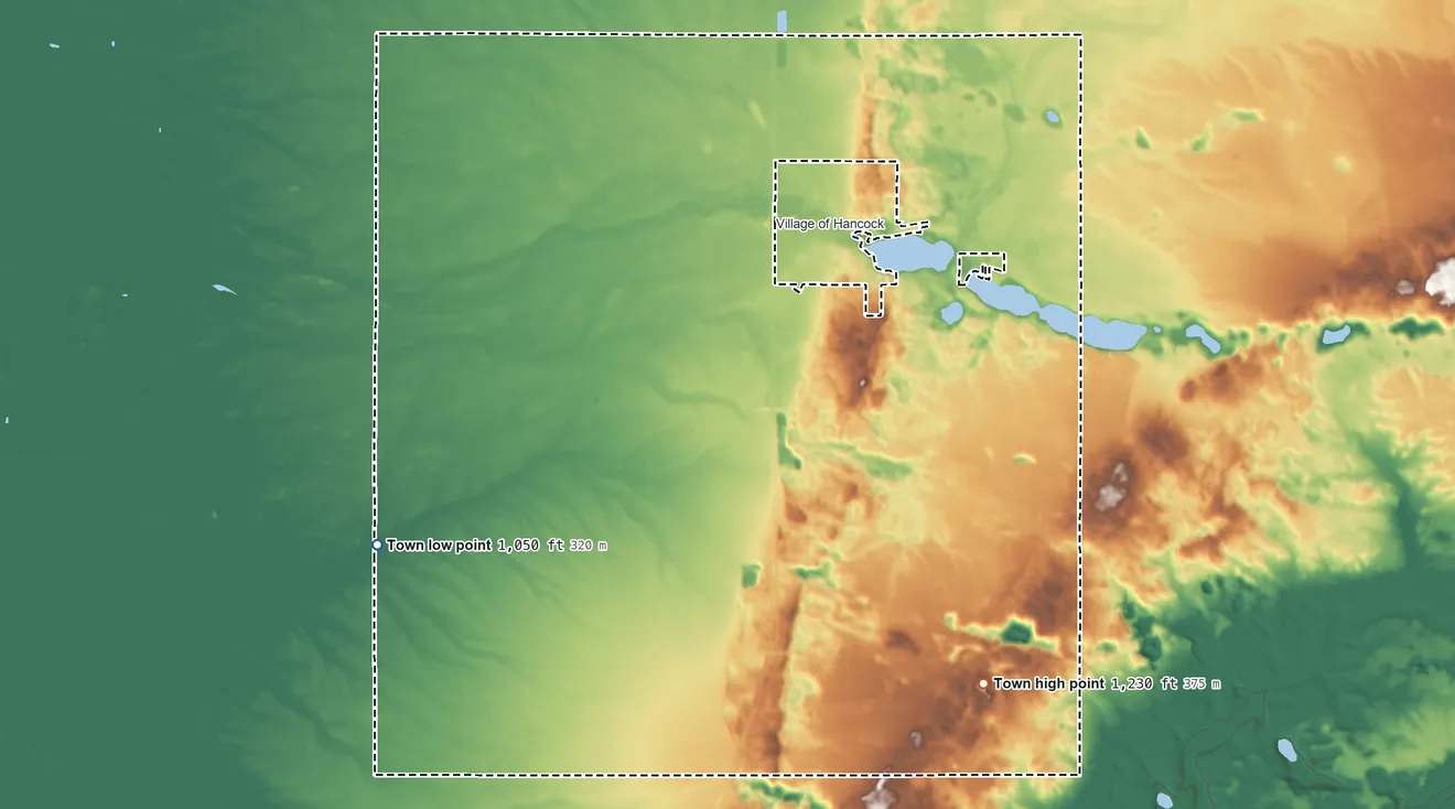 Topographic elevation map of Hancock, Wisconsin, shaded from 1,050 ft on the southwest side to 1,230 ft on the southeast side