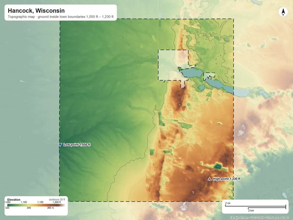 Topographic elevation map of Hancock, Wisconsin, shaded from 1,050 ft on the southwest side to 1,230 ft on the southeast side