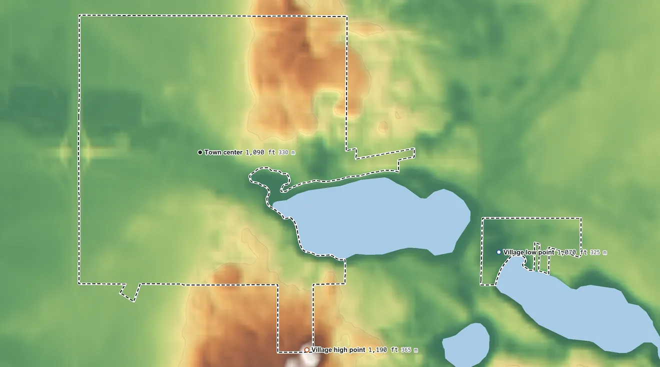 Topographic elevation map of Village of Hancock, Wisconsin, shaded from 1,070 ft on the east side to 1,190 ft on the southeast side