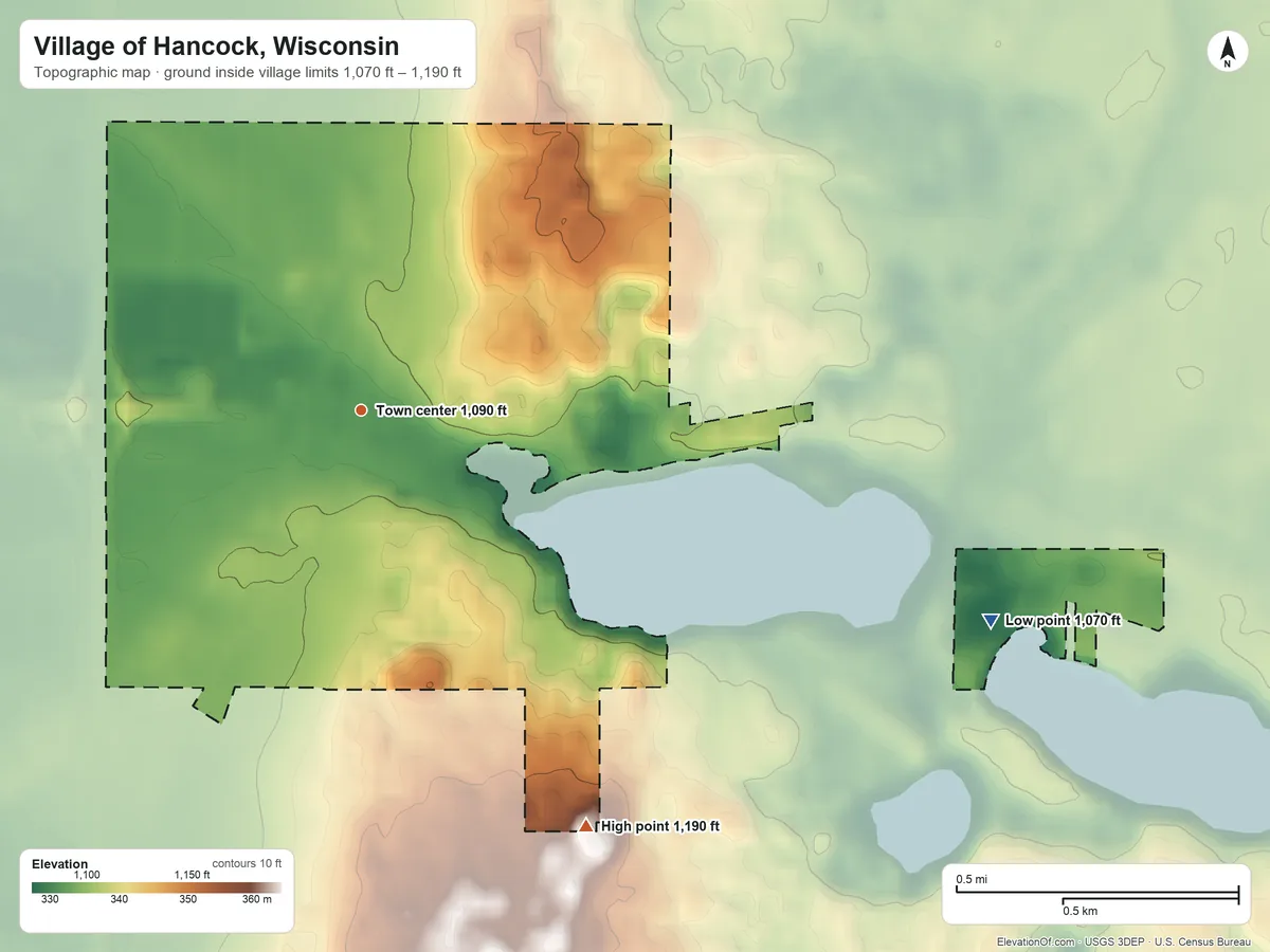 Topographic elevation map of Village of Hancock, Wisconsin, shaded from 1,070 ft on the east side to 1,190 ft on the southeast side
