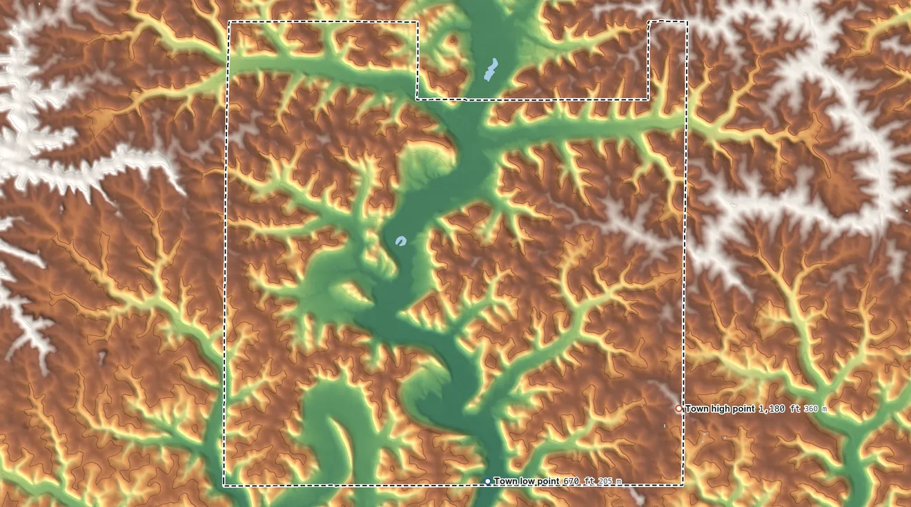 Topographic elevation map of Haney, Wisconsin, shaded from 670 ft on the south side to 1,180 ft on the southeast side