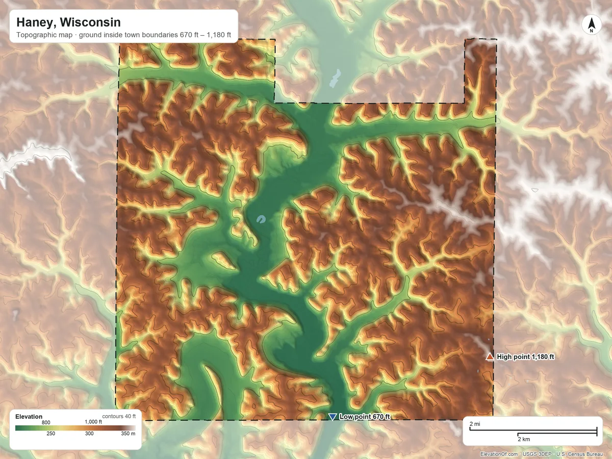 Topographic elevation map of Haney, Wisconsin, shaded from 670 ft on the south side to 1,180 ft on the southeast side