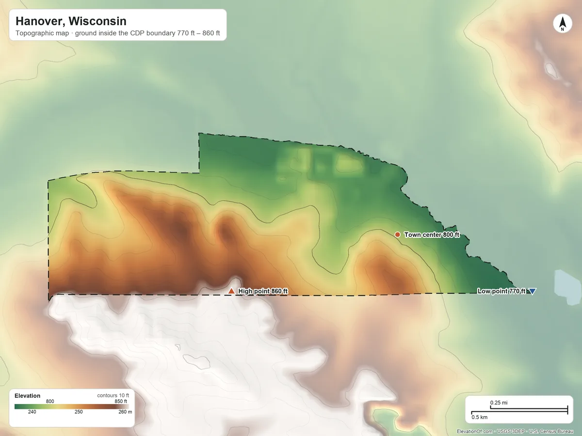 Topographic elevation map of Hanover, Wisconsin, shaded from 770 ft on the southeast side to 860 ft on the west side