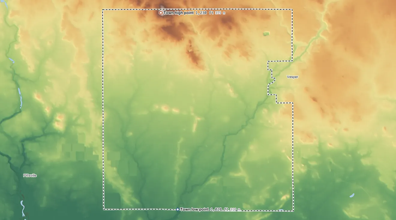Topographic elevation map of Hansen, Wisconsin, shaded from 1,020 ft on the south side to 1,230 ft on the northwest side