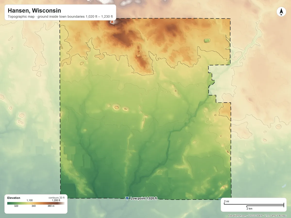 Topographic elevation map of Hansen, Wisconsin, shaded from 1,020 ft on the south side to 1,230 ft on the northwest side