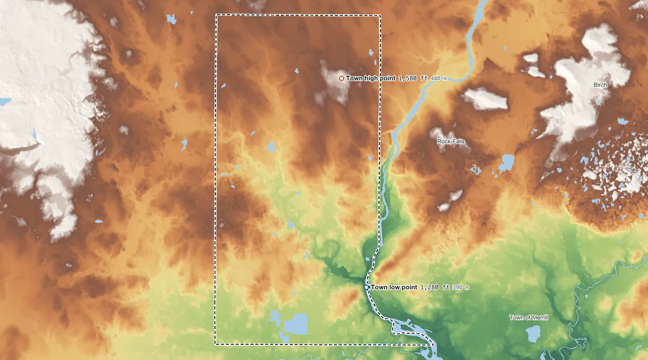 Topographic elevation map of Harding, Wisconsin, shaded from 1,280 ft near the middle to 1,580 ft on the north side