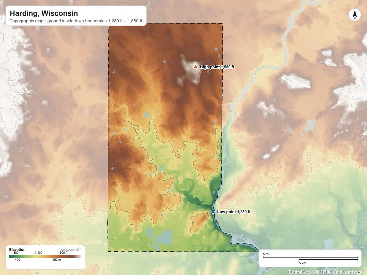 Topographic elevation map of Harding, Wisconsin, shaded from 1,280 ft near the middle to 1,580 ft on the north side