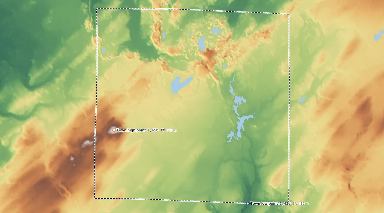 Topographic elevation map of Harmony, Price County, Wisconsin, shaded from 1,430 ft on the south side to 1,650 ft on the southwest side