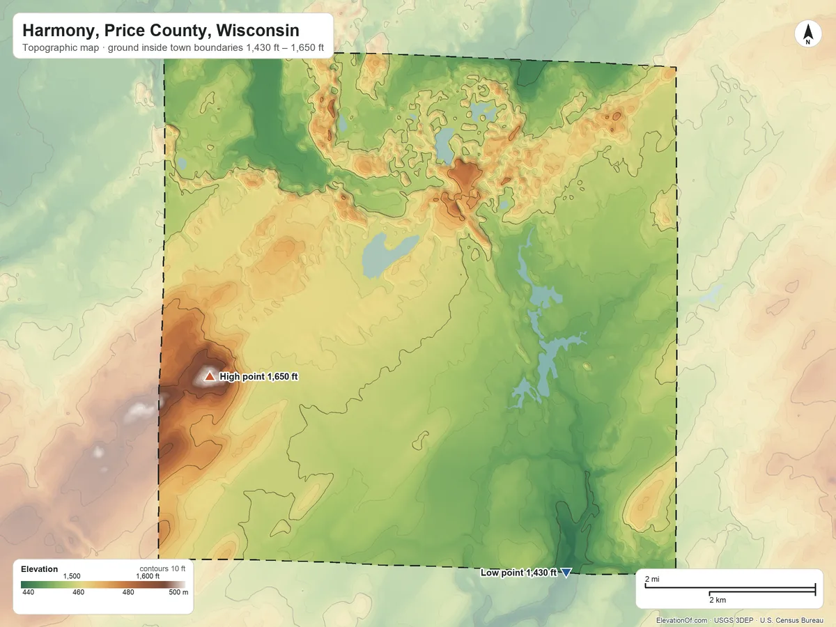 Topographic elevation map of Harmony, Price County, Wisconsin, shaded from 1,430 ft on the south side to 1,650 ft on the southwest side