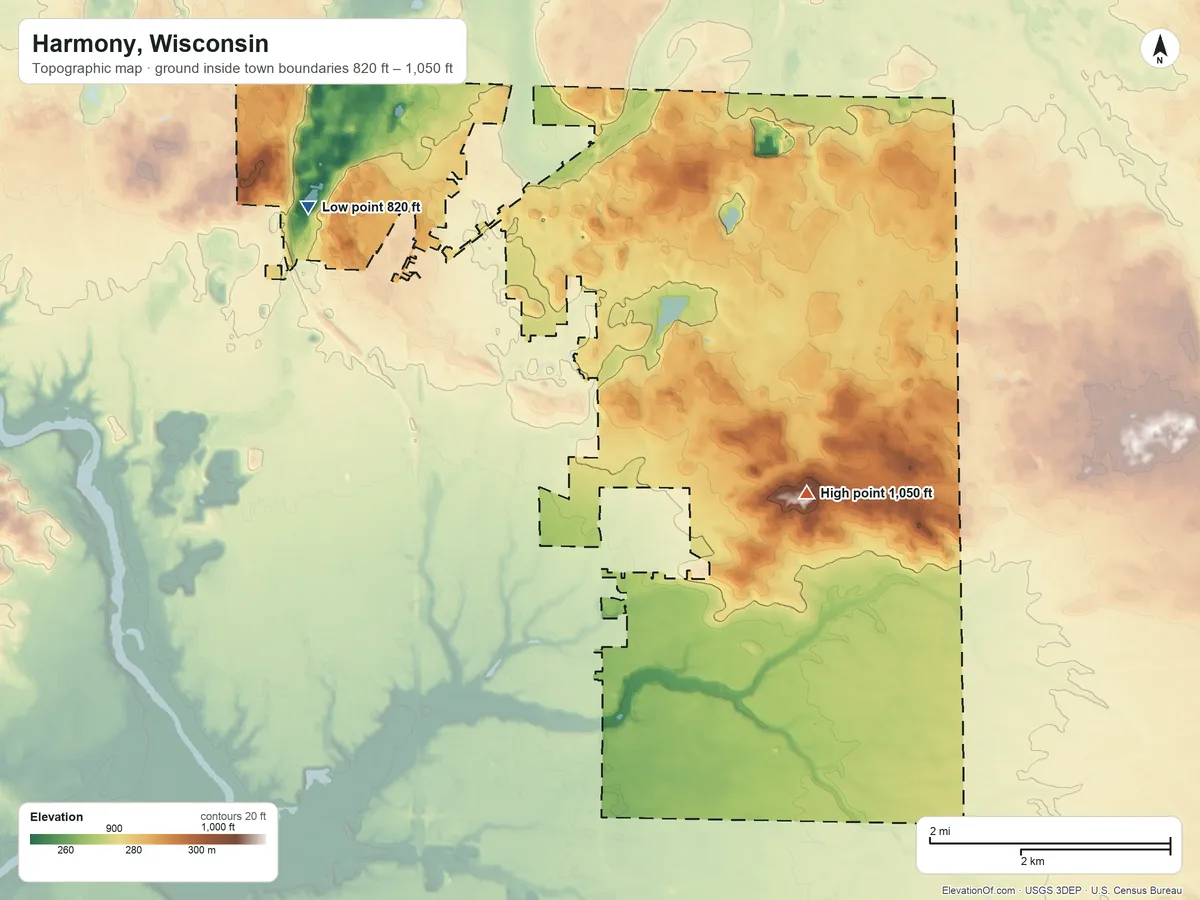 Topographic elevation map of Harmony, Wisconsin, shaded from 820 ft on the west side to 1,050 ft on Mount Zion