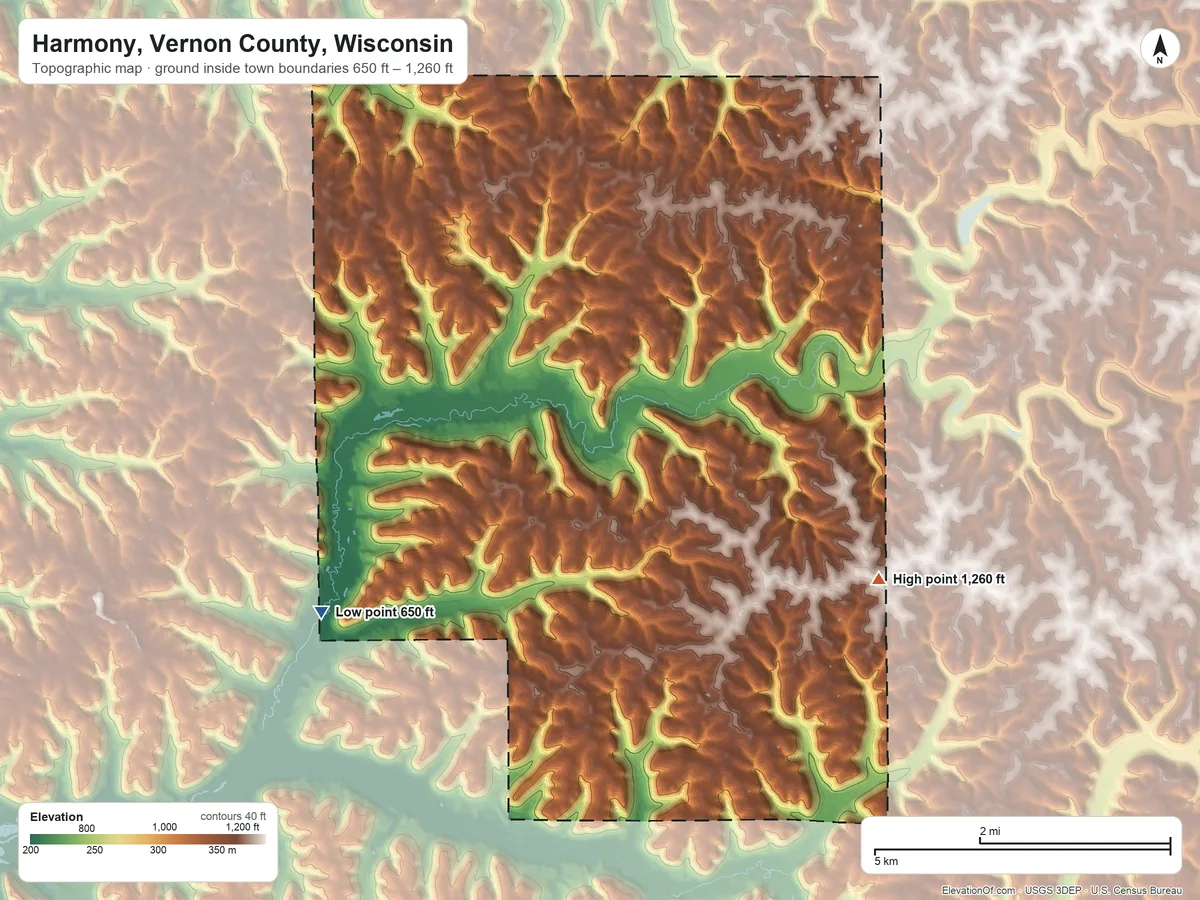 Topographic elevation map of Harmony, Vernon County, Wisconsin, shaded from 650 ft on the southwest side to 1,260 ft on the southeast side