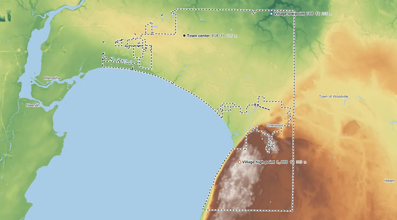 Topographic elevation map of Harrison, Wisconsin, shaded from 700 ft on the east side to 1,000 ft on the southeast side