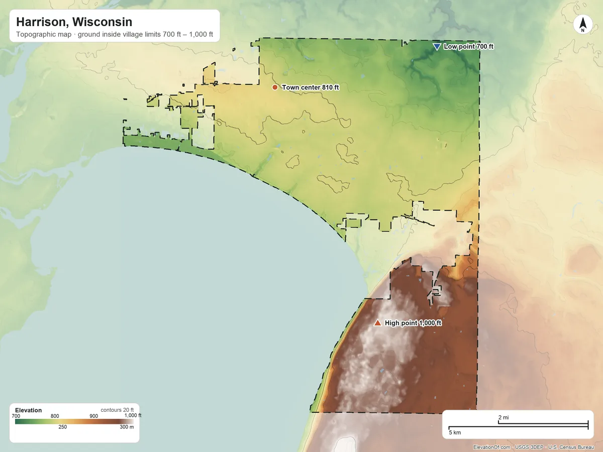 Topographic elevation map of Harrison, Wisconsin, shaded from 700 ft on the east side to 1,000 ft on the southeast side
