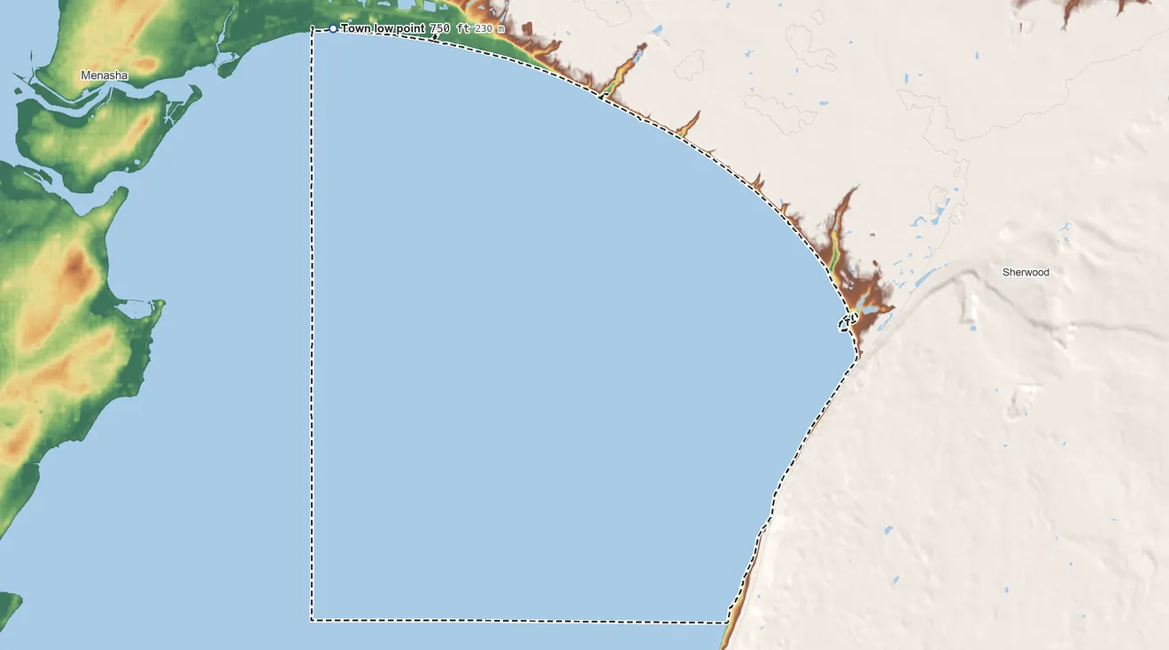Topographic elevation map of Town of Harrison, Wisconsin, shaded from 750 ft near the middle to 750 ft near the middle