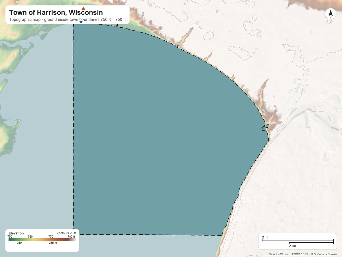 Topographic elevation map of Town of Harrison, Wisconsin, shaded from 750 ft near the middle to 750 ft near the middle