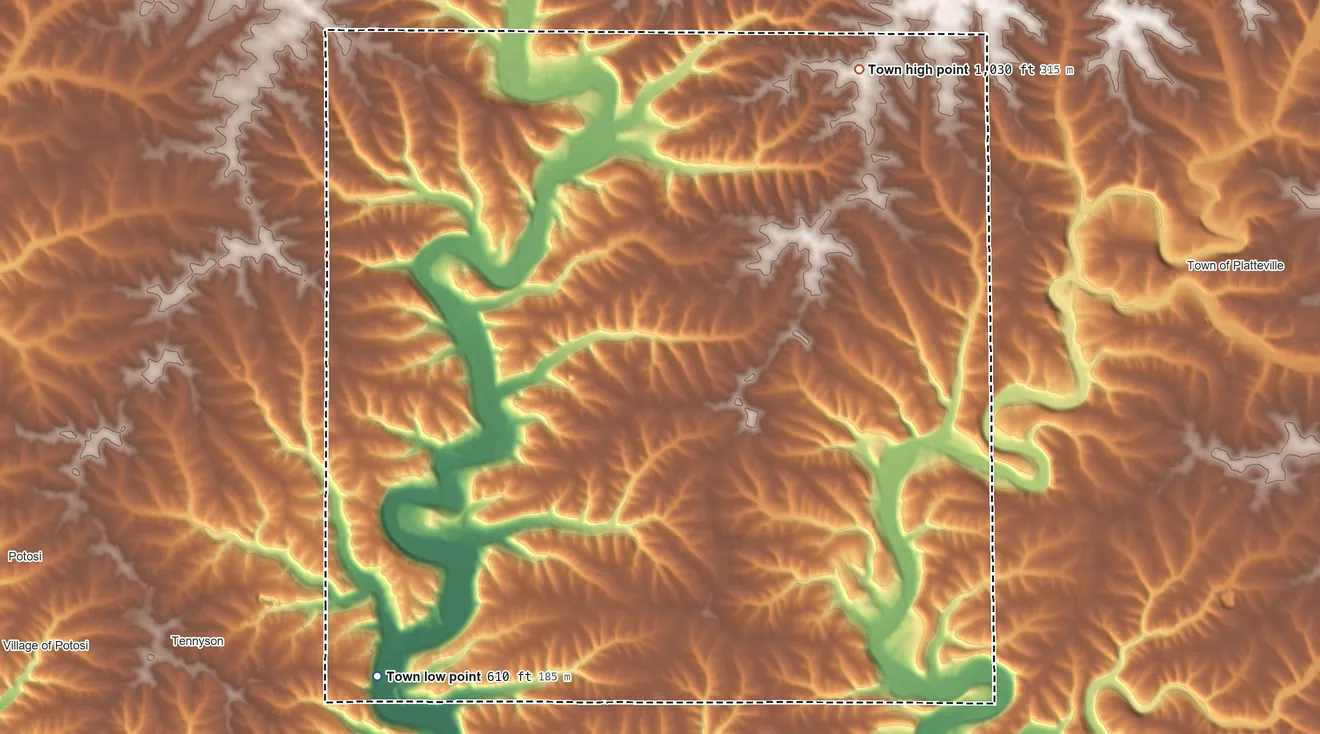 Topographic elevation map of Town of Harrison, Wisconsin, shaded from 610 ft on the southwest side to 1,030 ft on the northeast side