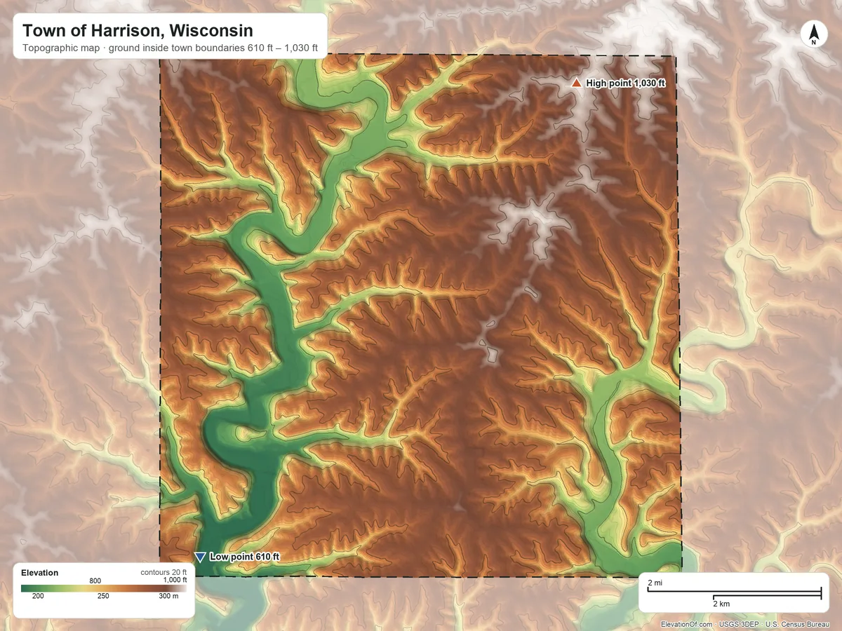 Topographic elevation map of Town of Harrison, Wisconsin, shaded from 610 ft on the southwest side to 1,030 ft on the northeast side