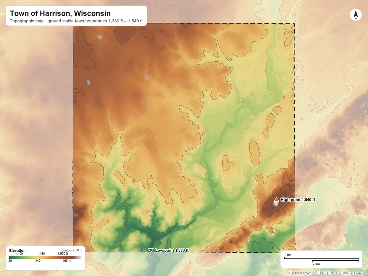 Topographic elevation map of Town of Harrison, Wisconsin, shaded from 1,380 ft on the southwest side to 1,540 ft on the southeast side