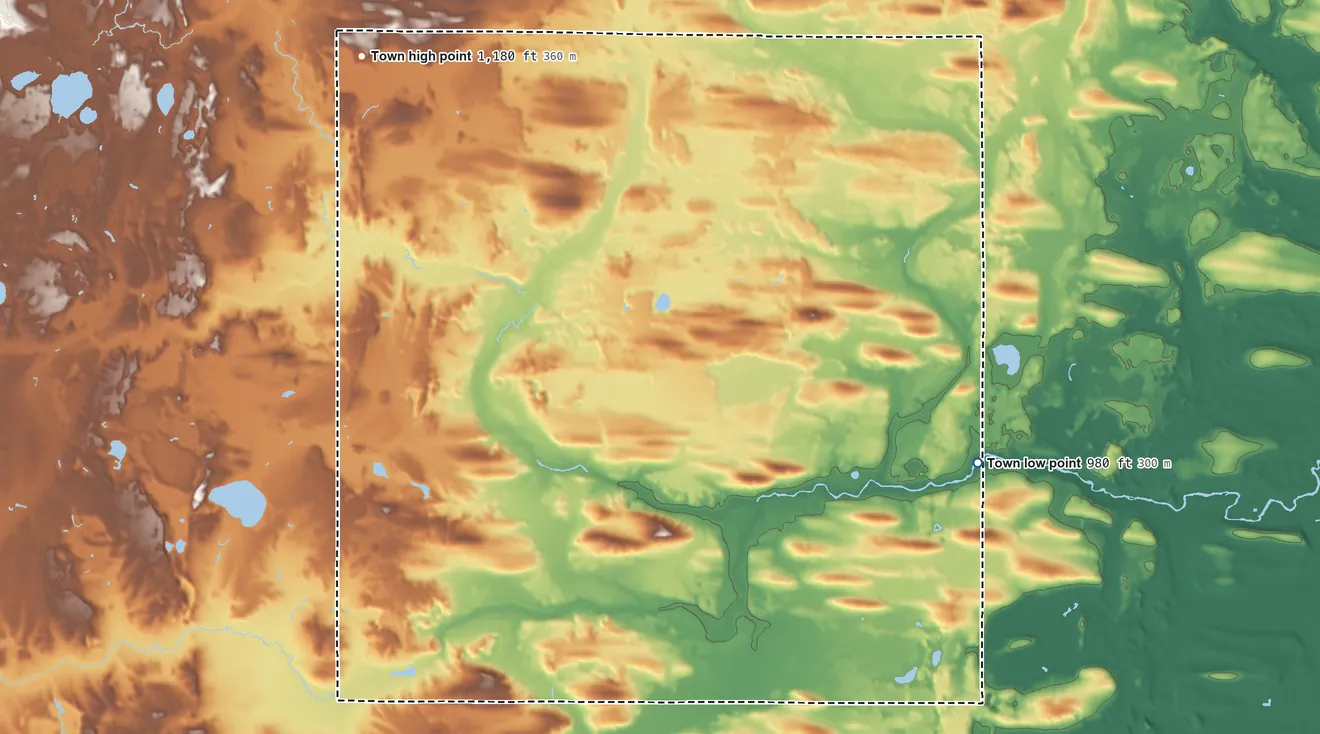 Topographic elevation map of Town of Harrison, Wisconsin, shaded from 980 ft on the east side to 1,180 ft on the northwest side