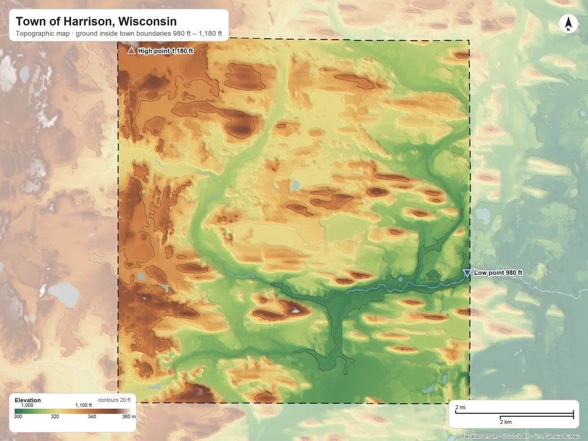 Topographic elevation map of Town of Harrison, Wisconsin, shaded from 980 ft on the east side to 1,180 ft on the northwest side
