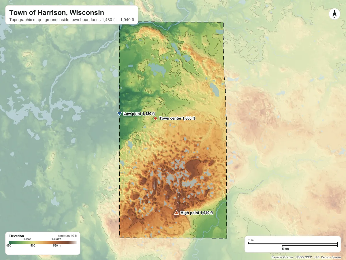 Topographic elevation map of Town of Harrison, Wisconsin, shaded from 1,480 ft on the west side to 1,940 ft on Lookout Mountain