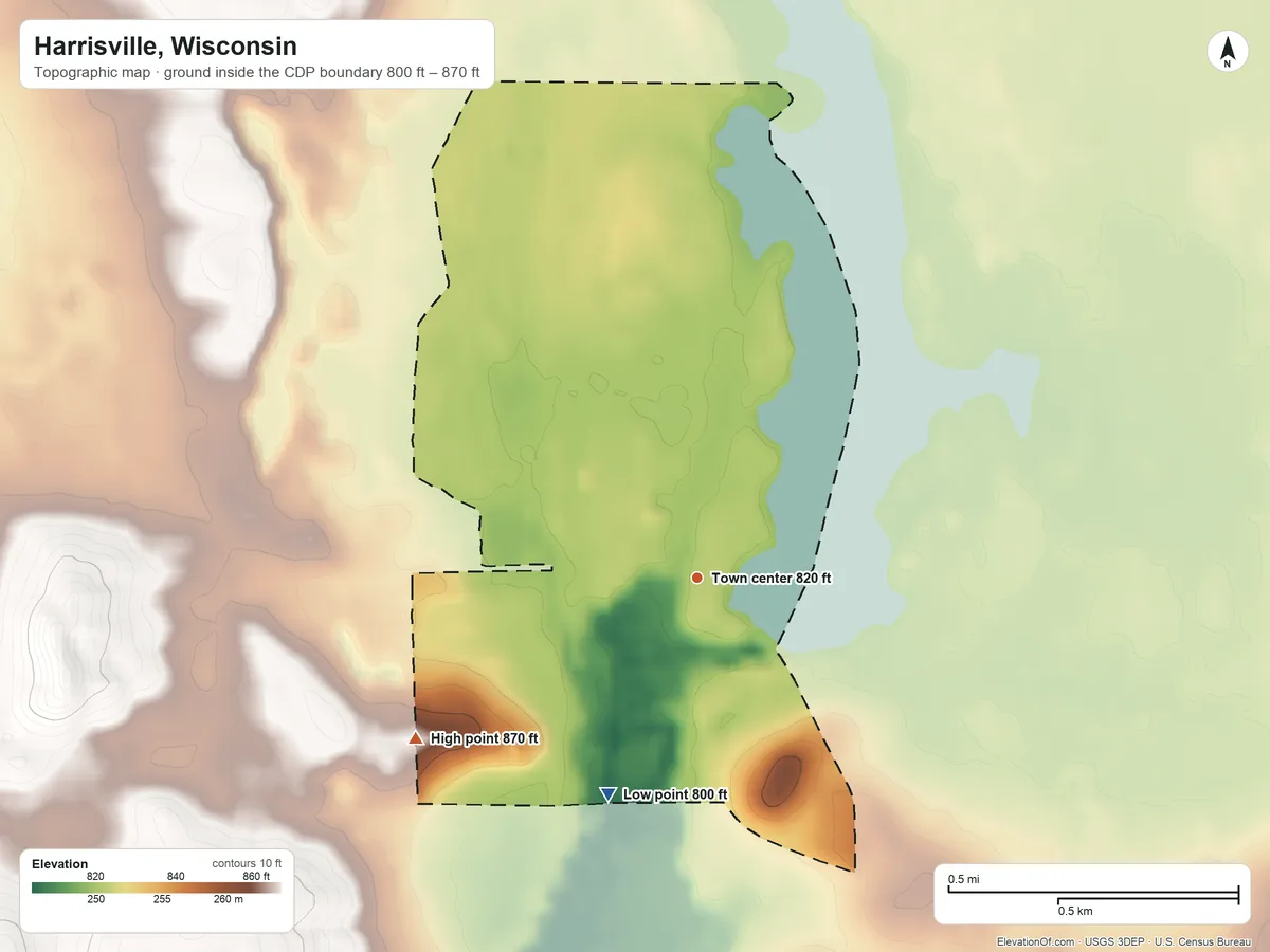 Topographic elevation map of Harrisville, Wisconsin, shaded from 800 ft on the south side to 870 ft on the southwest side