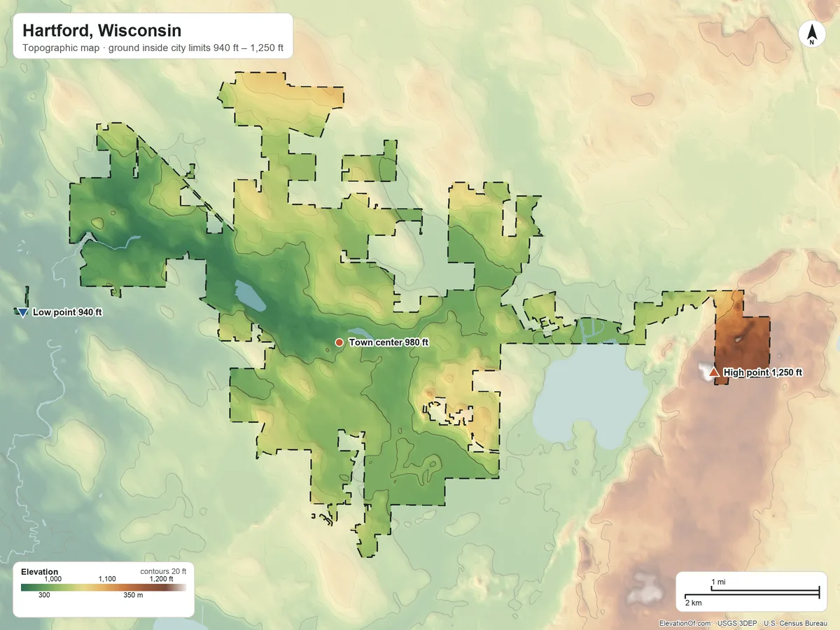 Topographic elevation map of Hartford, Wisconsin, shaded from 940 ft on the west side to 1,250 ft on the east side