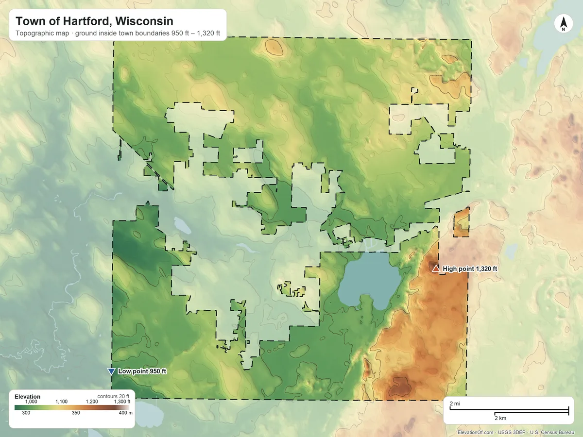 Topographic elevation map of Town of Hartford, Wisconsin, shaded from 950 ft on the southwest side to 1,320 ft on the southeast side