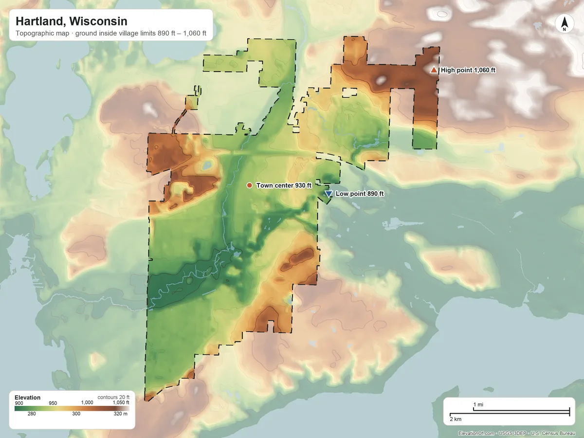 Topographic elevation map of Hartland, Wisconsin, shaded from 890 ft on the east side to 1,060 ft on the northeast side