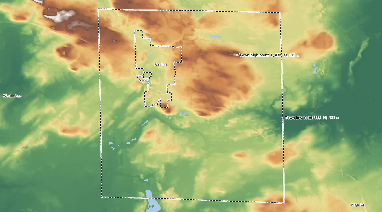 Topographic elevation map of Town of Hartland, Wisconsin, shaded from 800 ft on the east side to 1,030 ft on the northeast side