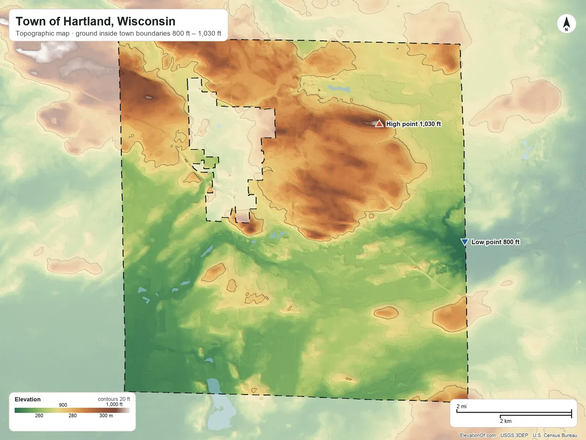 Topographic elevation map of Town of Hartland, Wisconsin, shaded from 800 ft on the east side to 1,030 ft on the northeast side