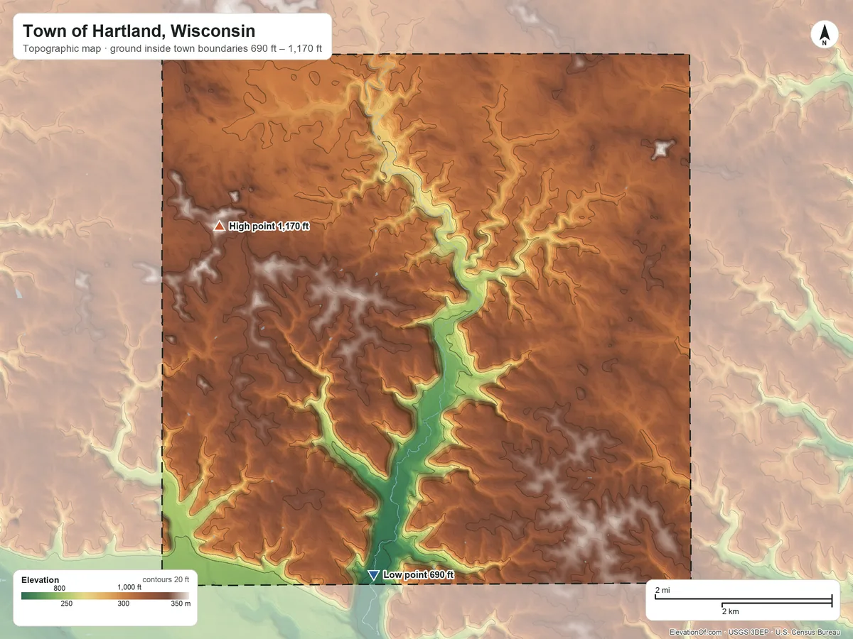 Topographic elevation map of Town of Hartland, Wisconsin, shaded from 690 ft on the south side to 1,170 ft on the northwest side