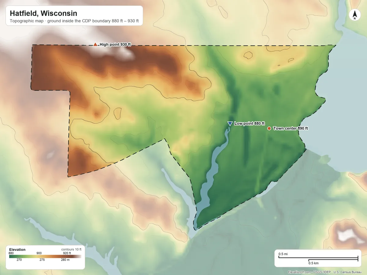 Topographic elevation map of Hatfield, Wisconsin, shaded from 880 ft on the west side to 930 ft on the northwest side