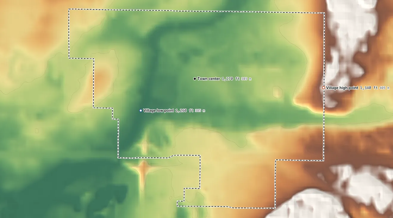 Topographic elevation map of Hatley, Wisconsin, shaded from 1,260 ft on the southwest side to 1,340 ft on the east side